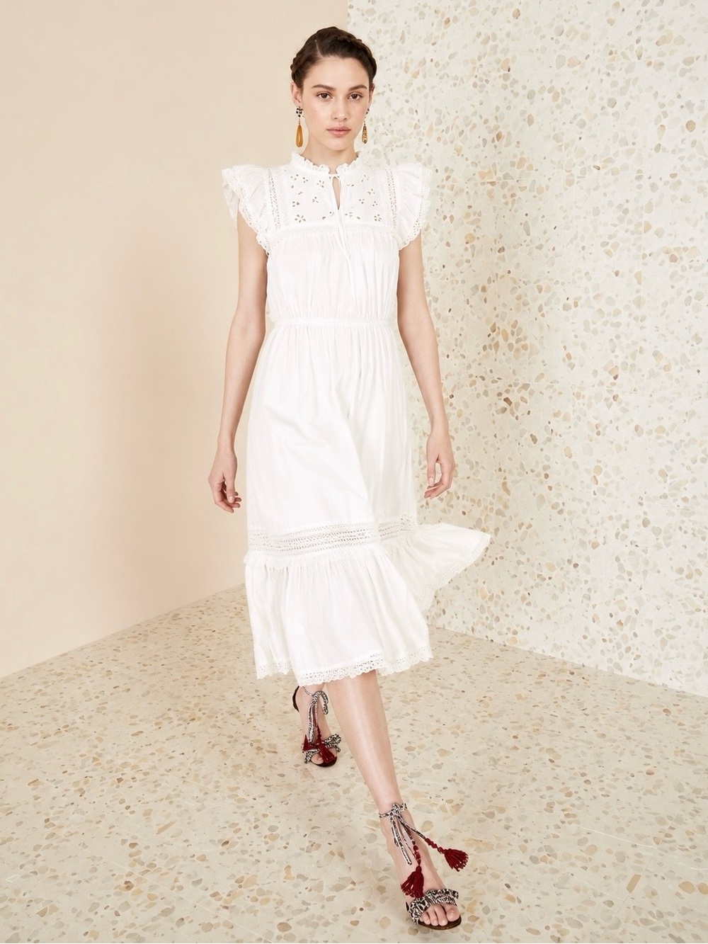 ULLA JOHNSON Elvina White Lace Prairie Boho Midi Dress 4